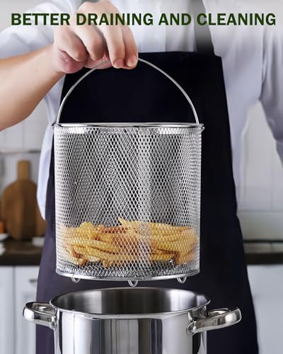 Cook N Home Basics 4-Quart Deep Fryer Pot with Basket, Japanese Tempura Small Stainless Steel Frying Pot with Oil Drip Drainer Rack, Glass Lid, Suitable for Kitchen French Fries, Chicken