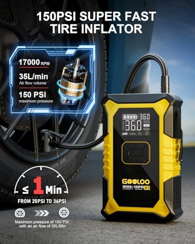 GOOLOO A3 12V 3000A Portable Jump Starter with Air Compressor | Supersafe Car Battery Booster Pack (9L Gas/6.5L Diesel) - BOOST for Dead Battery - 150 PSI Auto-Off Tire Inflator - LED Light