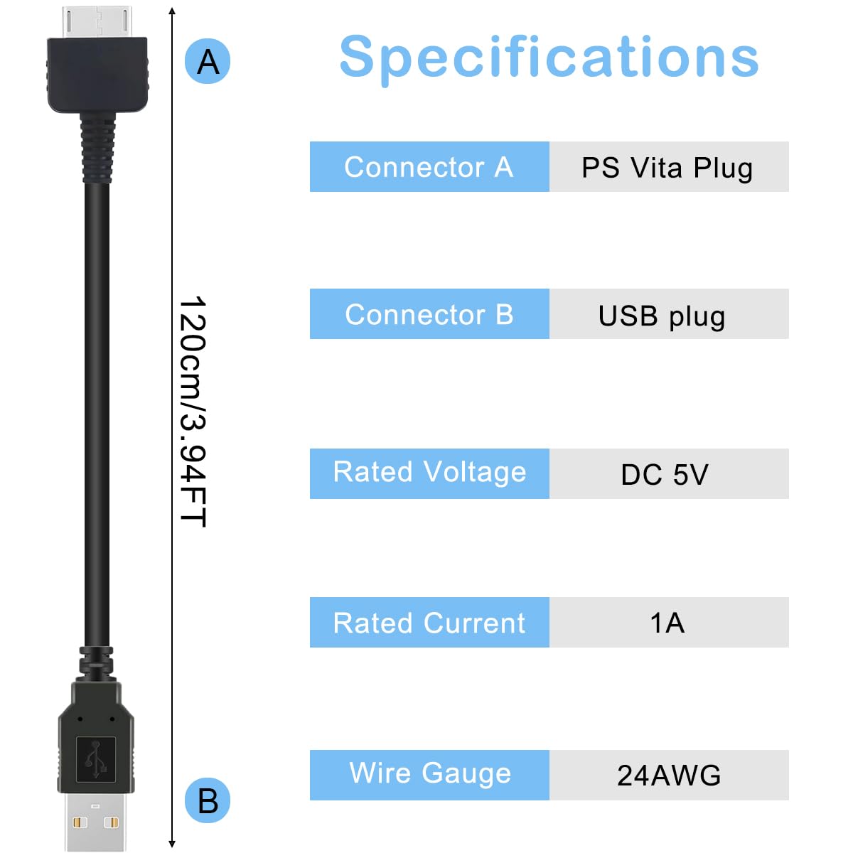 4 Pcs PS Vita Charger Cable, for PS Vita 1000 Charging, USB Data Power Charger, for PS Vita Original (PS Vita/PSV)(1.2m)