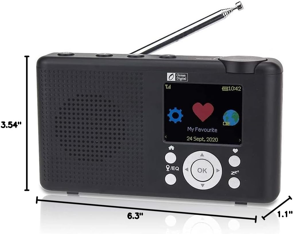 Ocean Digital WR-23F Portable FM Internet Radio 2.4” Color LCD Built-in Battery Wi-Fi Bluetooth (Black)