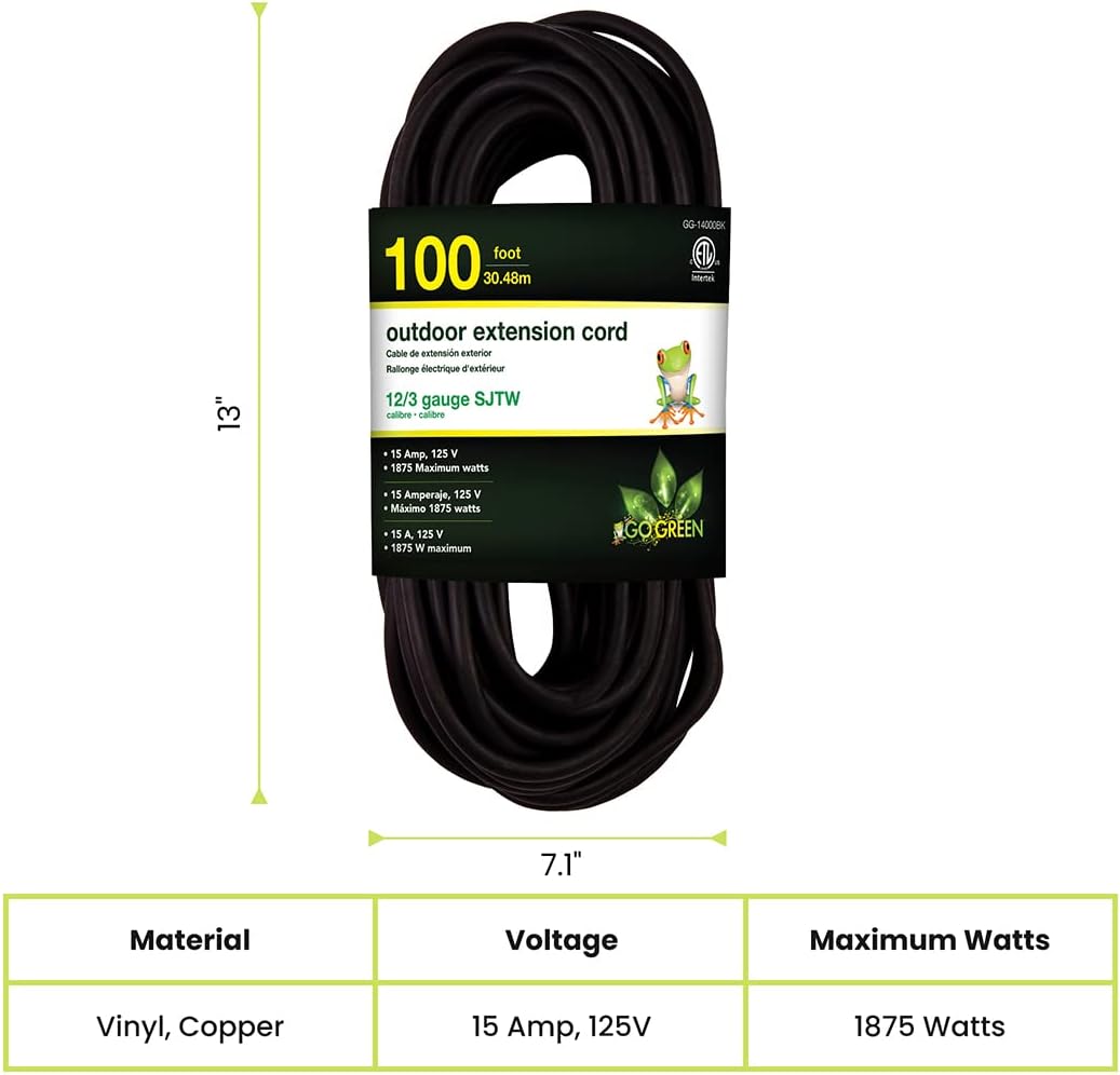 Go Green Power Inc. (GG-14025) 12/3 SJTW Outdoor Extension Cord, Lighted End, 25 ft