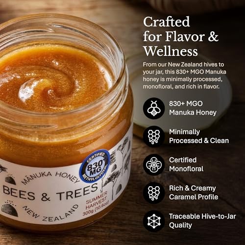 Bees & Trees Manuka Honey 550+ MGO - Raw Pure New Zealand Monofloral, 380g | Natural, Unpasteurized, Minimally Processed Mānuka Honey for Your Daily Routine, Tea, Coffee & Smoothies