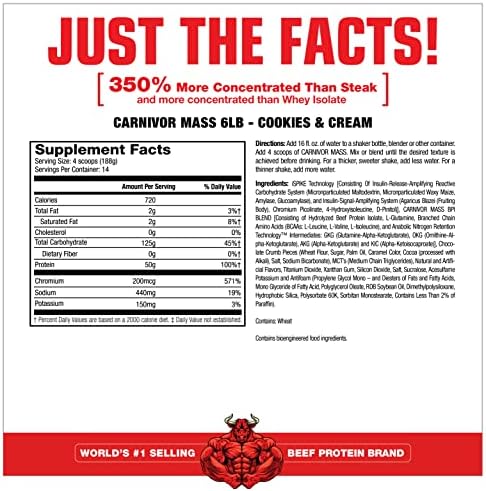 MuscleMeds CARNIVOR Mass Gainer Beef Protein Isolate Shake, 50 Grams Protein, 125 Grams Carbs, 0 Fat, 0 Sugar, Lactose Free, Halal Certified, Chocolate Peanut Butter, 6 Pound