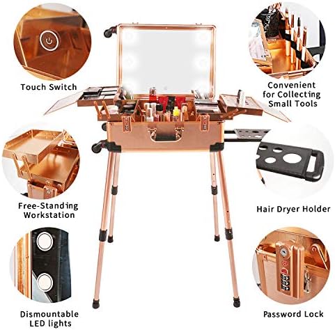 Large Makeup Train Case with Speaker & Code Lock & Full Screen Lighted Mirror & 3 Light Colors Lighted Rolling Cosmetic Organizer