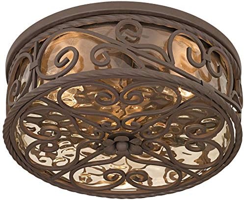 Casa Seville 12" Walnut Rustic Indoor-Outdoor Ceiling Light Fixture | Flush-Mount Dark Scroll Water Glass Damp Rated for Exterior House Porch Patio Outside Deck Garage Front Door Home