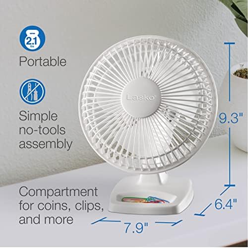 Lasko Personal Table Fan with Storage Tray, 2 Quiet Speeds, Tilt-Back Fan Head for Home Office, Bedroom, 6", White, 2002W