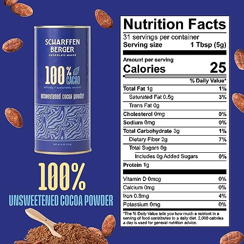 Scharffen Berger 100% Cacao Unsweetened Dark Chocolate Cocoa Powder (6 Ounce, Pack of 1) - Gluten Free, Non GMO, Natural Chocolate Powder