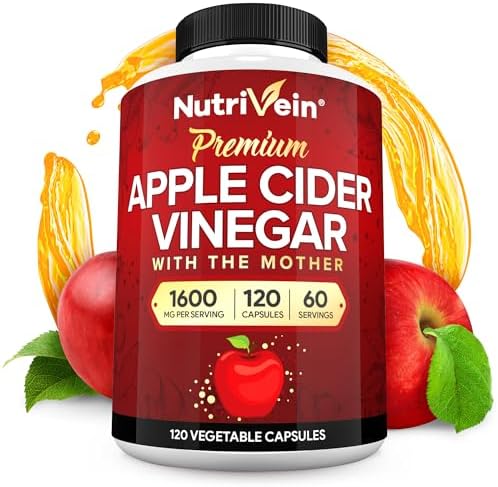 Nutrivein Apple Cider Vinegar Supplement with Mother 1600 mg - 120 Capsules | Unfiltered ACV pills for men and women. Supports digestion