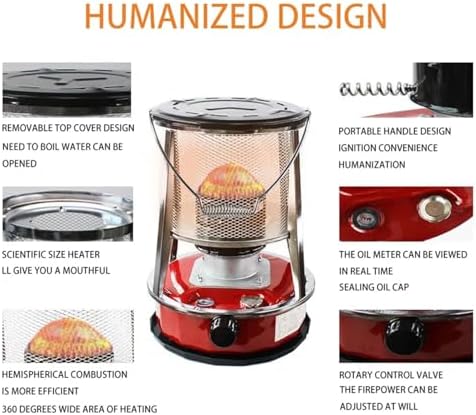 Kerosene Heater - 9000 BTU Non Electric Heater, Large Capacity with Tipping Protection, 20H Runtime Heating for Indoor Outdoor Garage Camping Emergency Heat Cooking, Red