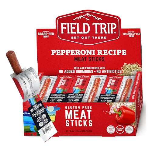 Field Trip Grass Fed Pepperoni Jerky Snack Sticks, Keto, Paleo, Gluten Free, Allergy Friendly Snack, High Protein, 50 Calorie Snack, 0.5oz, 24 Pack | Grass Fed, Keto, Paleo, Gluten Free, Allergy Friendly Snack, High Protein, 50 Calorie Snack