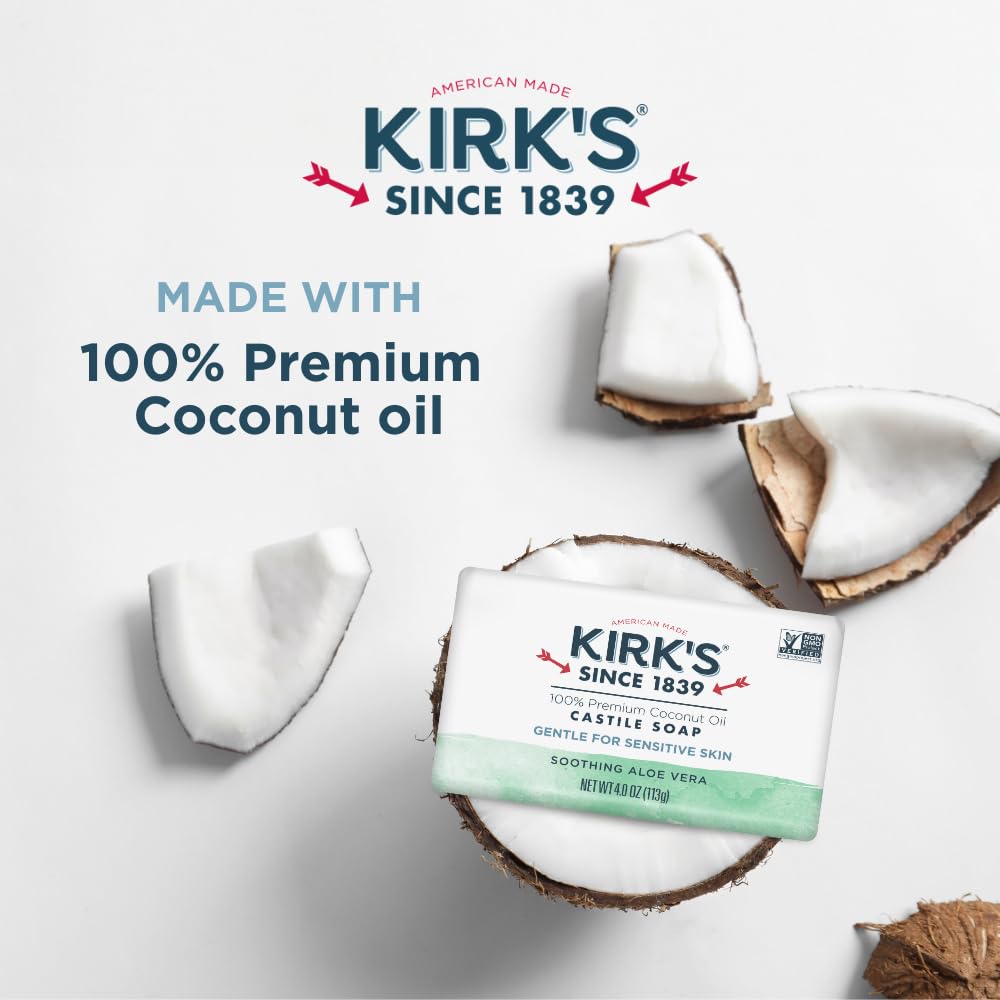 Kirk's Castile Bar Soap, Aloe Vera - Clinically Tested, Safe for Sensitive Skin with Coconut Oil, Vegan and Non-GMO - 4 oz Bars, 6 Pack