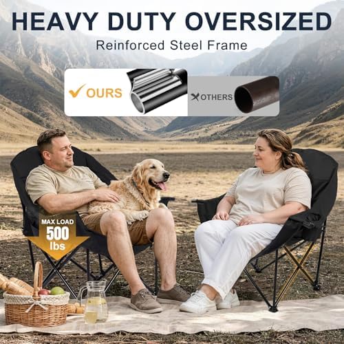 Oversized Camping Chairs for Adult - Heavy Duty Padded Portable Folding Chair XL Collapsible Camp Chair with Cup Holder Side Pocket for Outdoor Lawn Beach Sport Fishing Support 500LBS, Grey