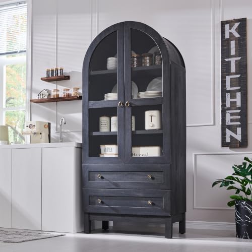 IFGET 71" Tall Arched Kitchen Pantry, Modern Farmhouse Wood Kitchens Storage Cabinets with 2 Large Drawers and Adjustable Shelves, Versatile Cupboard for Kitchen, Dining Room, Bathroom, Natrual