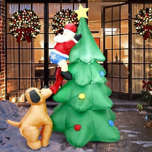 6.5FT H Animated Christmas Inflatable Tree with Santa Claus Chased by Dog Build-in LED Lights Funny Inflatable Dog Chasing Santa Claus,Blow Up Christmas Indoor Outdoor Decor