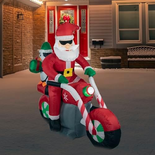 LED Lighted Santa and Penguin on Motorcycle Outdoor Christmas Inflatable - 5'