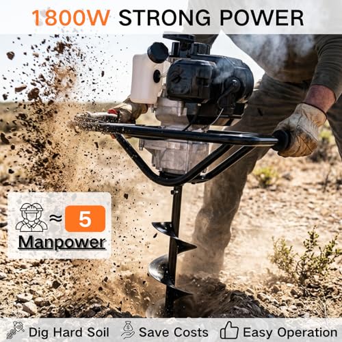 DC HOUSE 52cc 1800W Gas Powered Earth Auger EPA Certified Post Hole Digger, with 3 Drill Bits 4" 6" 8" and 3 Extension Rods 8" 12" 20"