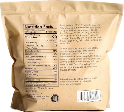 Raw Grass Fed Whey Protein Powder, Unflavored – 1 Ingredient, No Additives or Fillers, Undenatured, Made in USA, 5 lb