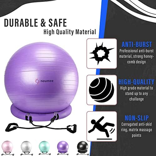 Yoga Ball Chair with 65cm Exercise Ball & 2 Resistance Bands, Stability Base for Home Office, Yoga, Pilates & Fitness, Balance Ball for Posture