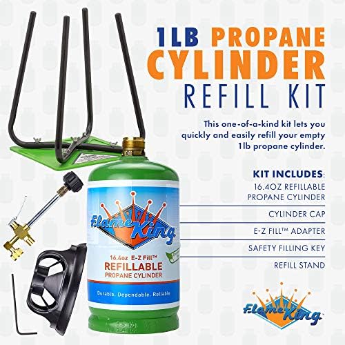 Flame King Refillable 1LB Empty Propane Cylinder Tank with Refill Kit and CGA600 Connection - Reusable, Safe and Legal Refill Option