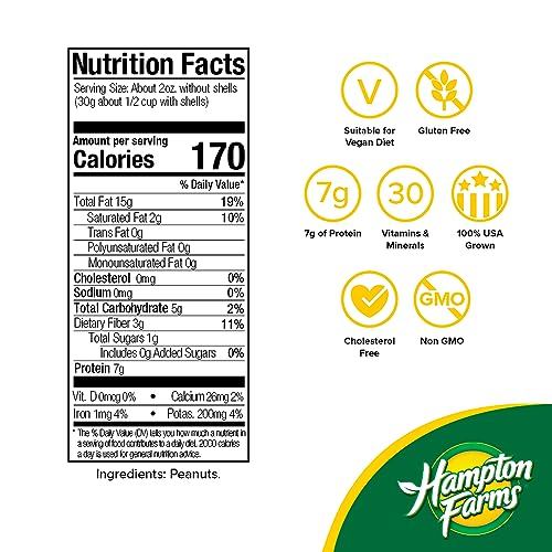 Hampton Farms - USA Grown All-Natural - Fancy Roasted In-Shell Unsalted Peanuts - 5 lb. Bag