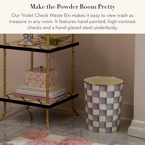 MACKENZIE-CHILDS Waste Bin, Black-and-White Courtly Check | Hand-painted design, made from enameled steel, decorative bedroom or bathroom trash can, 8" dia. x 9.5" H