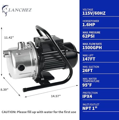 LANCHEZ 1.6 HP Shallow Well Pump, 1500 GPH Stainless Steel Water Transfer Pump, 115V Garden Irrigation Pump