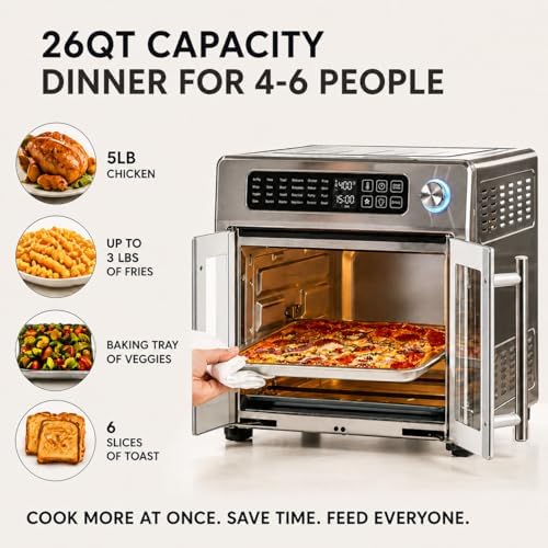 Emeril Lagasse 26QT French Door Multi-Function Air Fryer Toaster Oven | 26QT air fryer oven with French doors, 24 cooking functions
