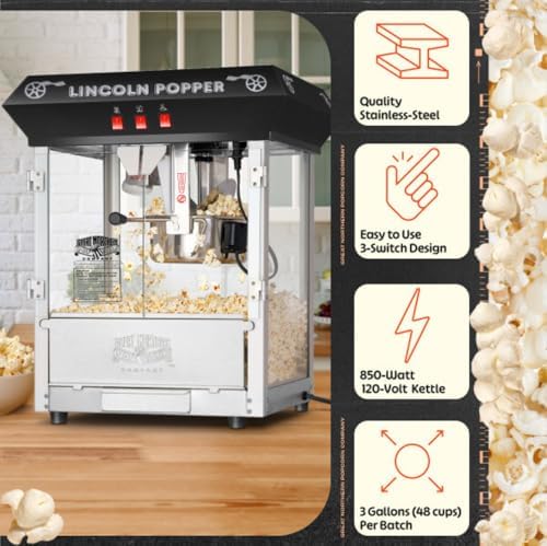 Lincoln Popcorn Machine - 8oz Popper with Stainless-Steel Kettle, Reject Kernel Tray