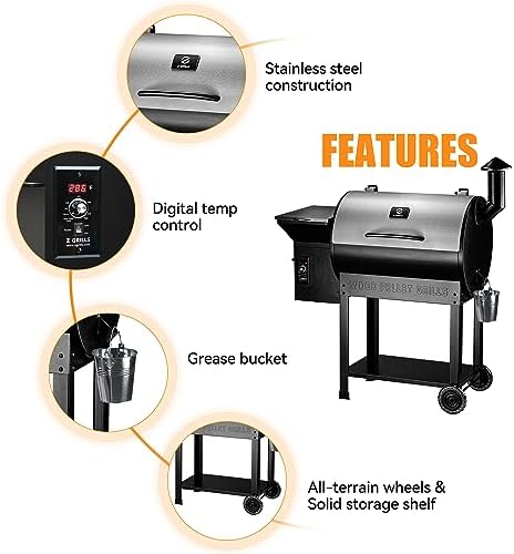 Z GRILLS Wood Pellet Smoker Grill, 8 in 1 BBQ Grill with Auto Temperature Control, 697 sq in Cooking Area for Backyard, Patio and Outdoor Cooking, 7002E, Sliver