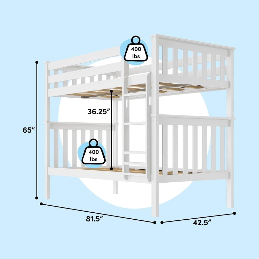Max & Lily Bunk Bed Twin over Twin, Solid Wood Bunk Bed Frame with Ladder for Kids, 14" Safety Guardrails, Easy Assembly, No Box Spring Needed, White
