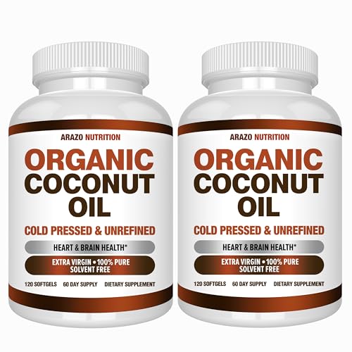Arazo Nutrition Organic Coconut Oil 2000 MG Per Serving - 100% Extra Virgin Unrefined Cold Pressed for Weight Support, Skin, Hair, Nails - 120 Softgel Capsules
