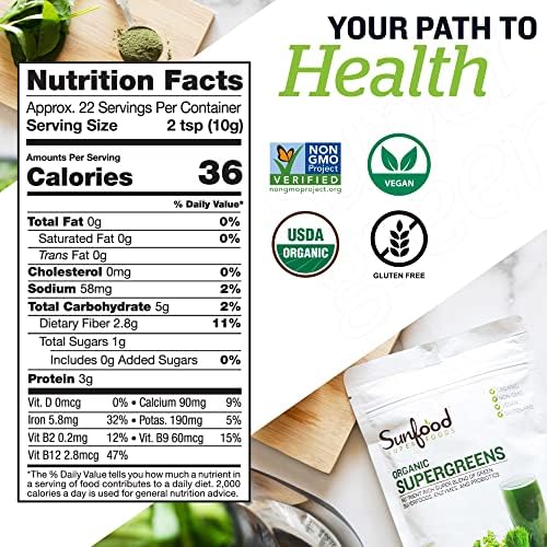 Sunfood Superfoods Organic Supergreens Blend - Greens Superfood Powder, Daily Green Juice Powder, Vegetable Smoothie Drink Mix with Chlorella, Spirulina, Alfalfa, Kale, & More - 8 oz Bag