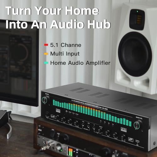 5.1 Channel Karaoke Amplifier with Mic Input, Home Audio Surround Sound Amplifier with Optical, Coaxial & RCA Inputs, Subwoofer Support for TV