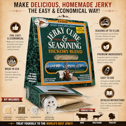 Hi Mountain HUNTERS BLEND Jerky Seasoning and Cure Kit | Low Sodium | Savory hunter-style flavor, perfect beef jerky seasoning for deer, elk, & venison. Smoker, dehydrator, or oven. Makes 15 lbs