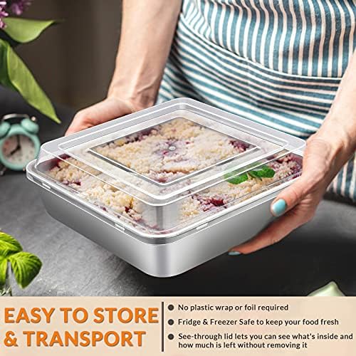 E-far 8 x 8-Inch Baking Pan with lid, Square Cake Brownie Baking Pans Stainless Steel Bakeware Set of 2, Non-toxic & Healthy