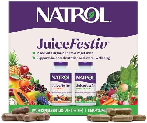 Natrol JuiceFestiv Vitamins and Supplements, 60 Capsules (2-Count) | For Nutrition & Well-being, Antioxidants for Cellular Health, Daily Fruit & Veggie Capsules, 120 Capsules, 30 Day Supply