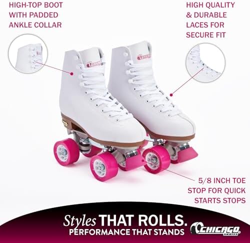 Chicago Skates Classic Quad Roller Skates for Women & Men – Durable & Top Performance, Adjustable High-Top Boots for Safe Indoor/Outdoor Roller Derby–60mm PU Wheels & Semi-Precision Bearings
