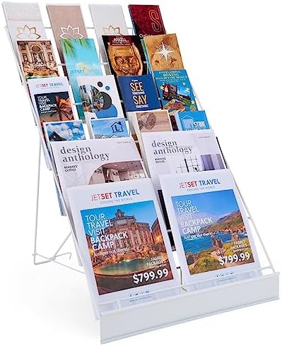 Displays2go 6-Tier Wire Magazine Rack, White | For Brochures & Literature, Metal Countertop Display Rack, Front Sign Channel, WRC6T18WT