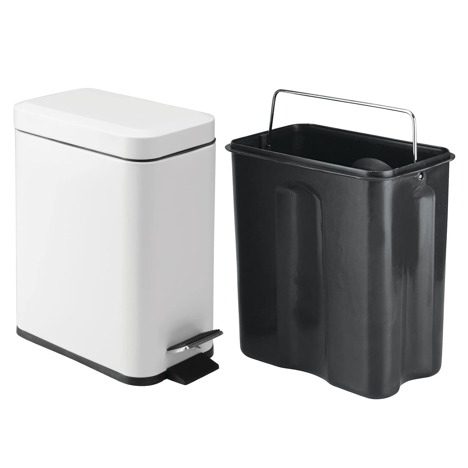 mDesign Metal Freestanding Slim Toilet Bowl Brush and Holder + Rectangle Narrow 5 Liter / 1.3 Gallon Step Pedal Trash Can Wastebasket for Bathroom