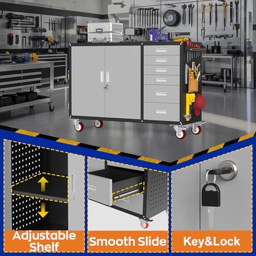 Eltean 55" W Rolling Workbench with 6 Drawers and Storage Cabinet, 1000 LB Capacity Heavy Duty Work Bench with Pegboard and Adjustable Shelf