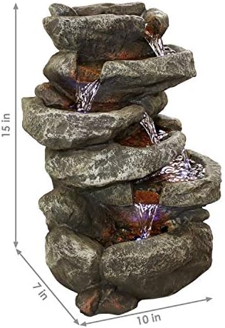 Sunnydaze 15" 6-Tier Tabletop Water Fountain with LED Lights, Stone Falls | Indoor Tabletop Fountain, Calming Sounds