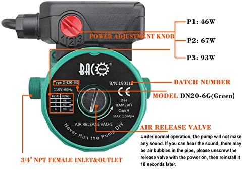 BACOENG Hot Water Recirculating Pump, Stainless Steel Head, Circulation Pump NPT 3/4", 3-Speed Control, Circulating Pump for Water Heater System