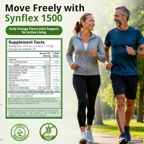 Synflex Joint Support Supplement 32-Day Supply 8oz | Liquid Glucosamine 1500mg & Chondroitin | HSA/FSA High Concentration Orange Flavor with White Willow Bark, Manganese & Boswellia for Men & Women