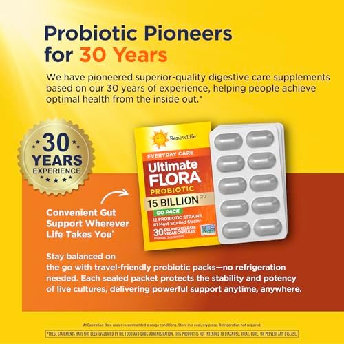 Renew Life Ultimate Flora Probiotic 15 Billion CFU | 30 Delayed Release Vegan Capsules Go Pack | Everyday Care Formula | Dairy, Soy, and Gluten Free Supplement