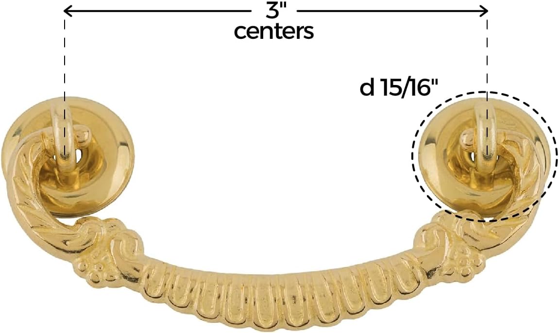 Ornate Heavy Solid Brass Drawer Bail Pull | Centers: 3" | Handle for Antique Cabinet Door, Dresser Drawer