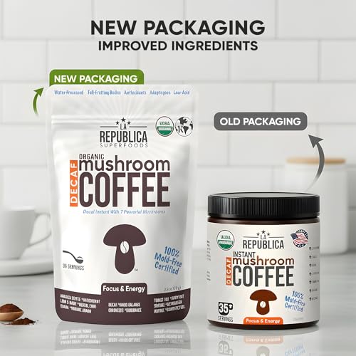 La Republica DECAF Organic Mushroom Coffee (35 Servings) with 7 Superfood Shrooms, Great Tasting Instant Mix Includes Lion's Mane, Reishi, Chaga, Cordyceps, Shiitake, Maitake, and Turkey Tail (Decaffeinated)