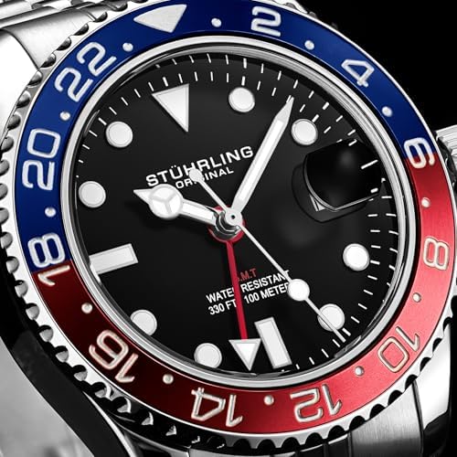 Stuhrling Original Men's Stainless Steel Jubilee Bracelet GMT Watch Quartz - 42mm Quartz Analog Wrist Watch for Men, Mens Quartz Watch, Stainless Steel Case, Casual Work Watch, Water Resistant Watch