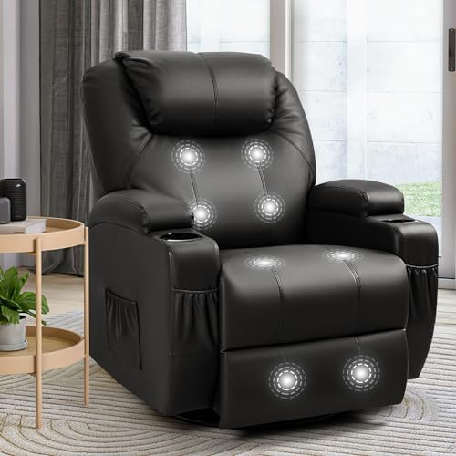 Furniwell Rocker Recliner Chair with Massage for Elderly, Leather Adjustable 360°Swivel Rocking Sofa for Living Room with Remote Control