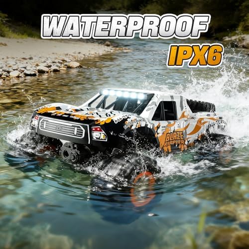 1:10 Amphibious Remote Control Car, 2.4 GHz Waterproof Monster Truck Toys RC Cars, 4WD All Terrain Off-Road Pickup RC Trucks, 2 Batteries 60Mins Play