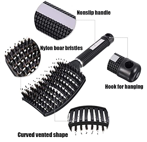 Boar Bristle Detangler Vent Hair Brush for Blow Drying, Curved Vented Paddle Detangling Brush for Women Men